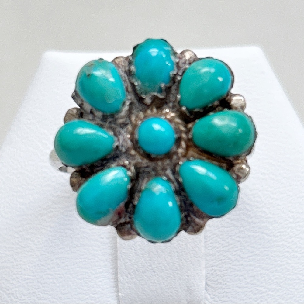 Vintage Signed Eriacho Zuni Turquoise Flower Sterling Silver Ring - Picture 1 of 15